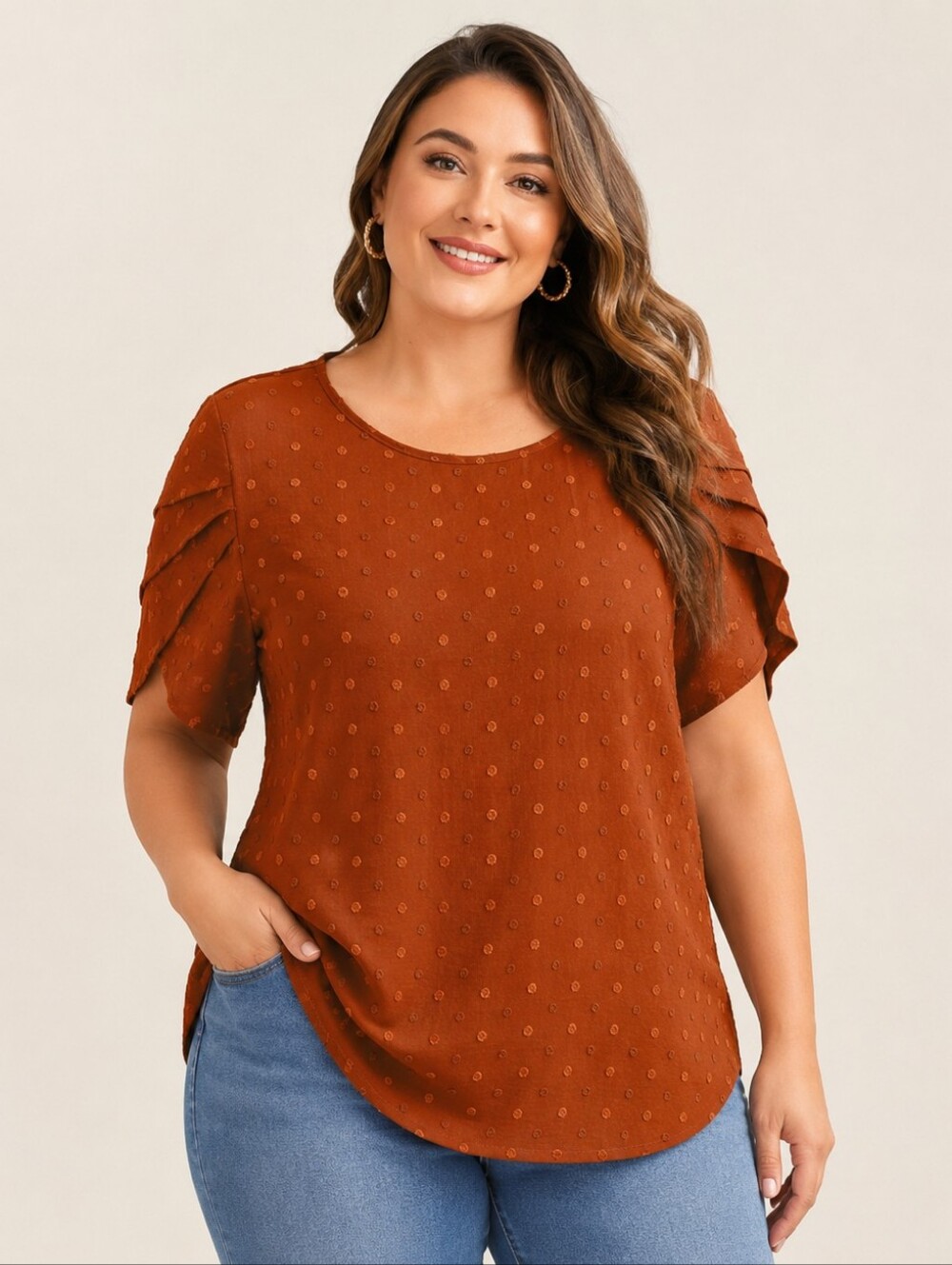 BloomChic Rust Swiss Dot Textured Color Contrast Petal Sleeve Blouse, Size 18/20